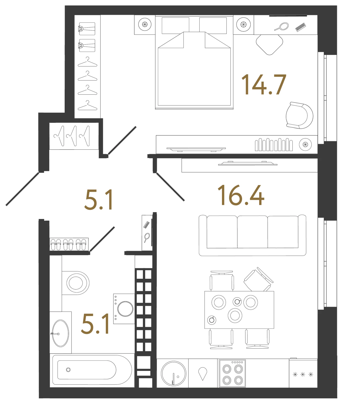 Планировка 1-комнатная 41,3 м² в клубном доме «Визионер» — Клубный дом «Визионер»