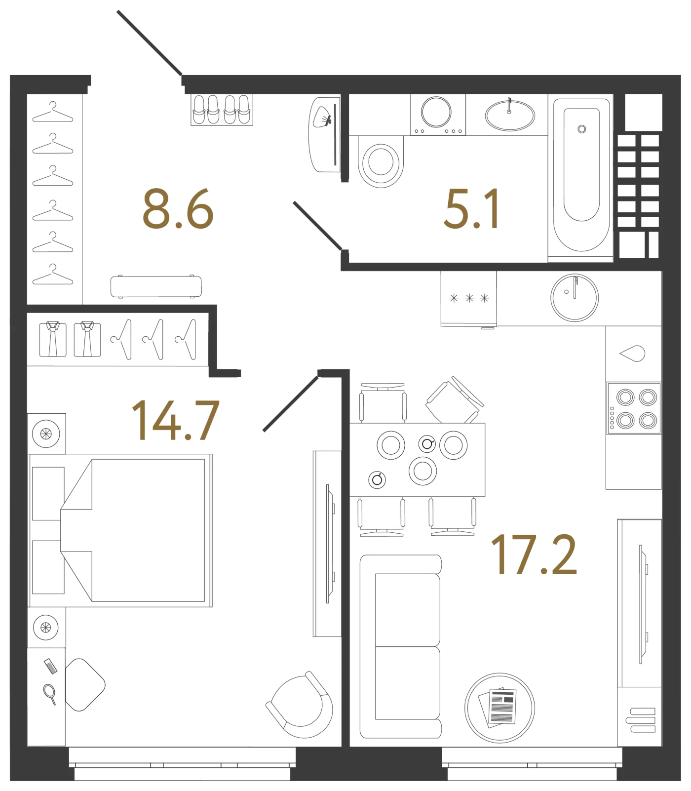 Планировка 1-комнатная 45,6 м² в клубном доме «Визионер» — Клубный дом «Визионер»