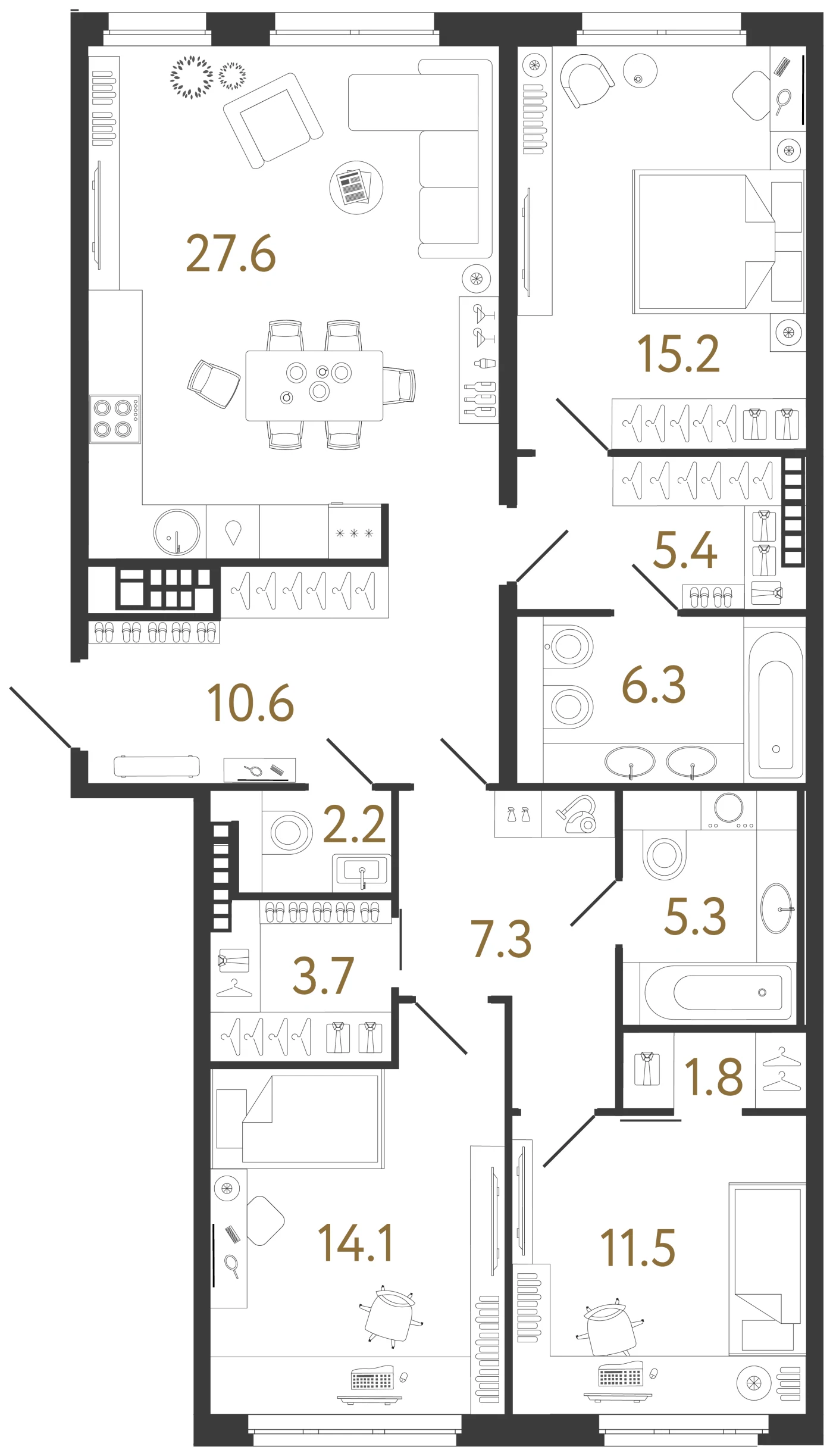 Планировка 3-комнатная 111 м² в клубном доме «Визионер» — Клубный дом «Визионер»