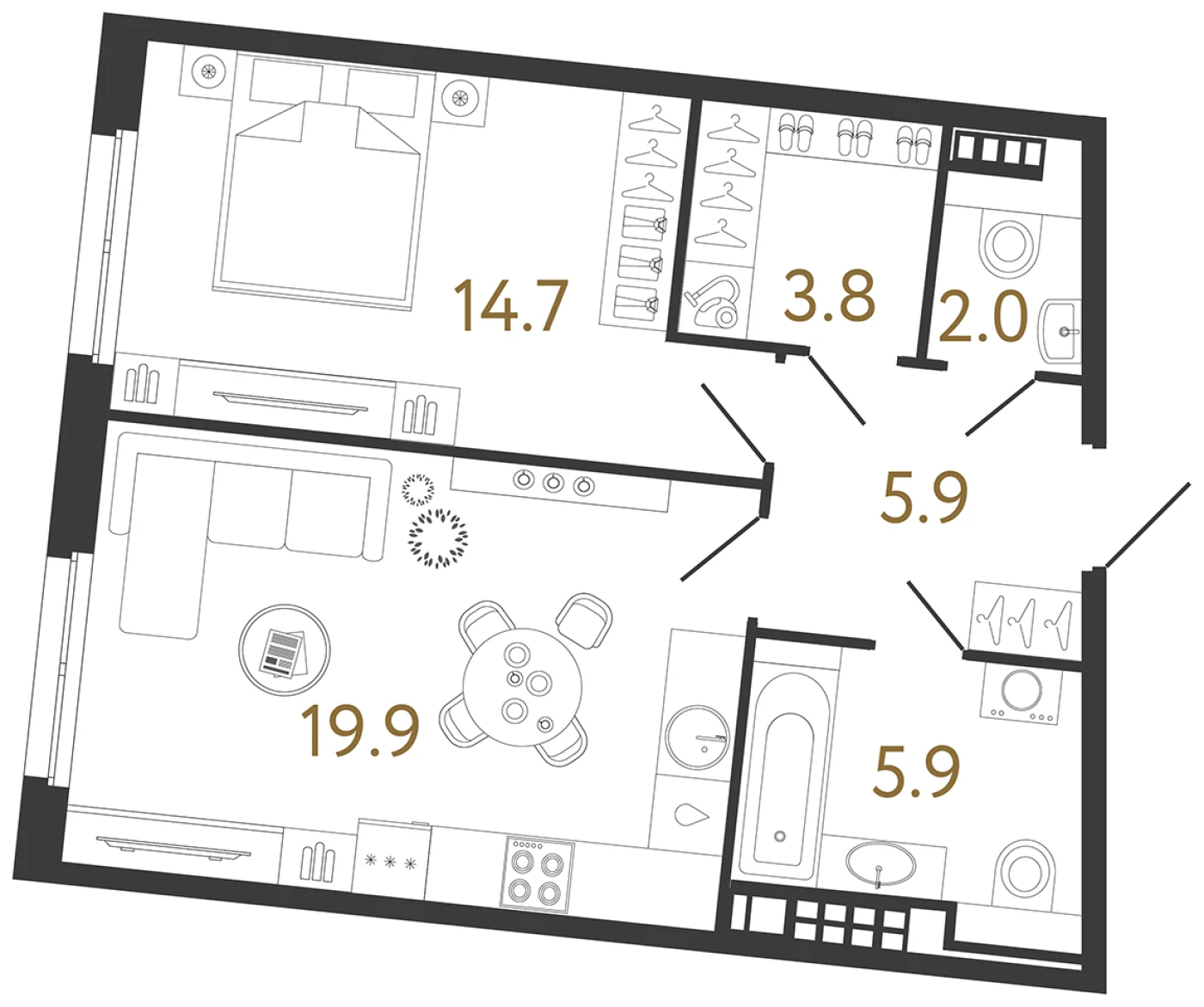 Планировка 1-комнатная 52,2 м² в клубном доме «Визионер» — Клубный дом «Визионер»