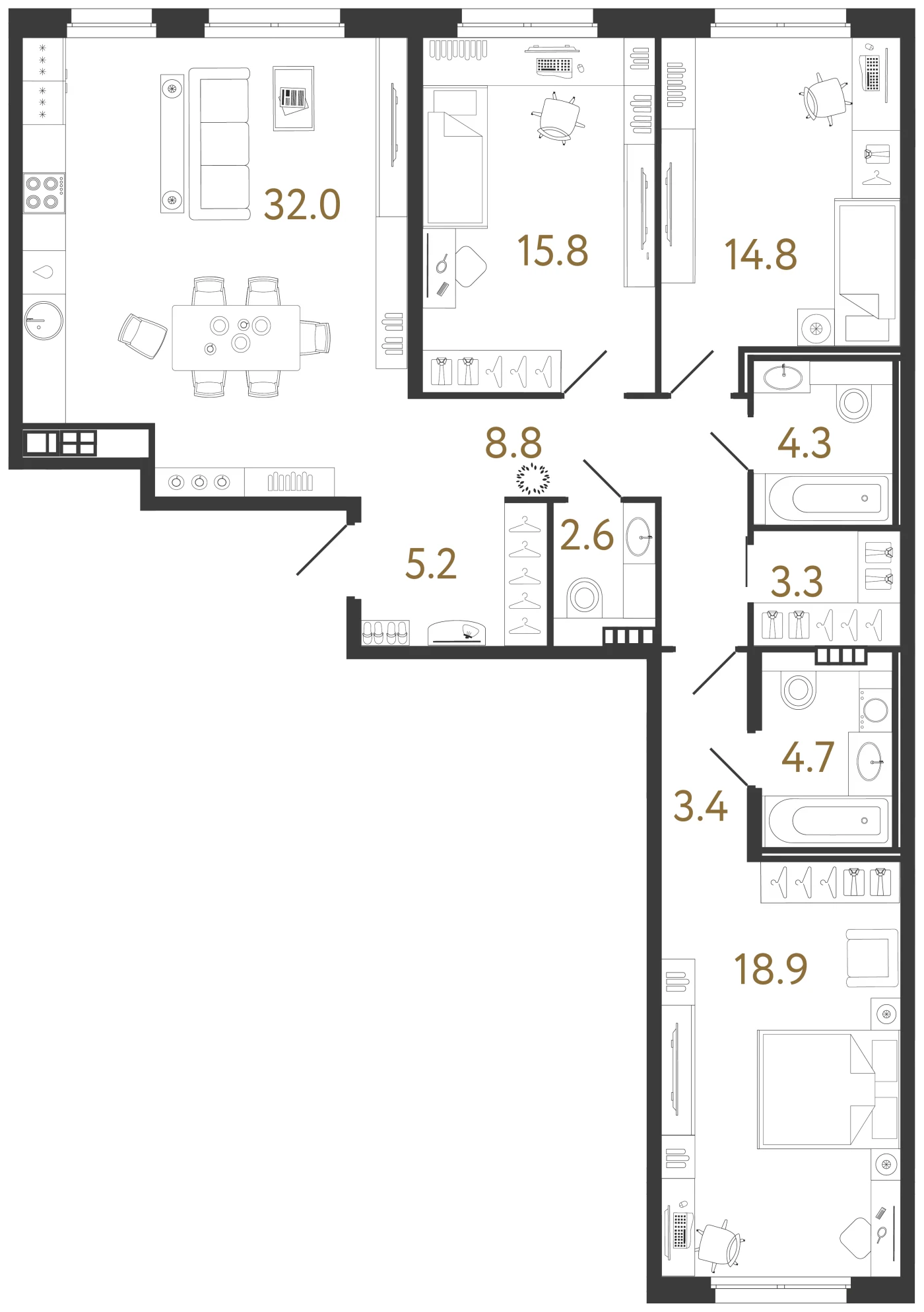 Планировка 3-комнатная 113,8 м² в клубном доме «Визионер» — Клубный дом «Визионер»