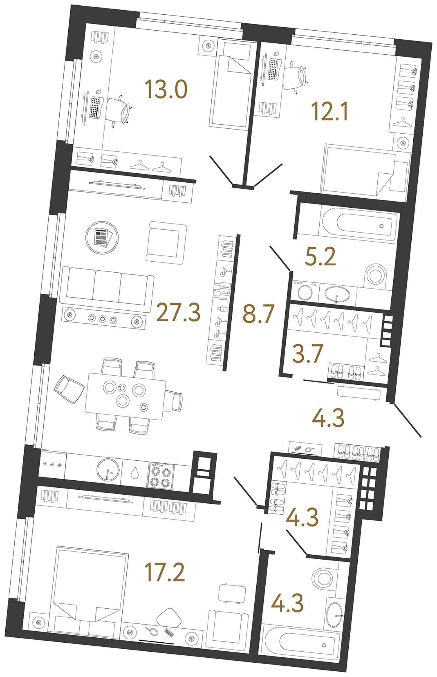 Планировка 3-комнатная 100,1 м² в клубном доме «Визионер» — Клубный дом «Визионер»