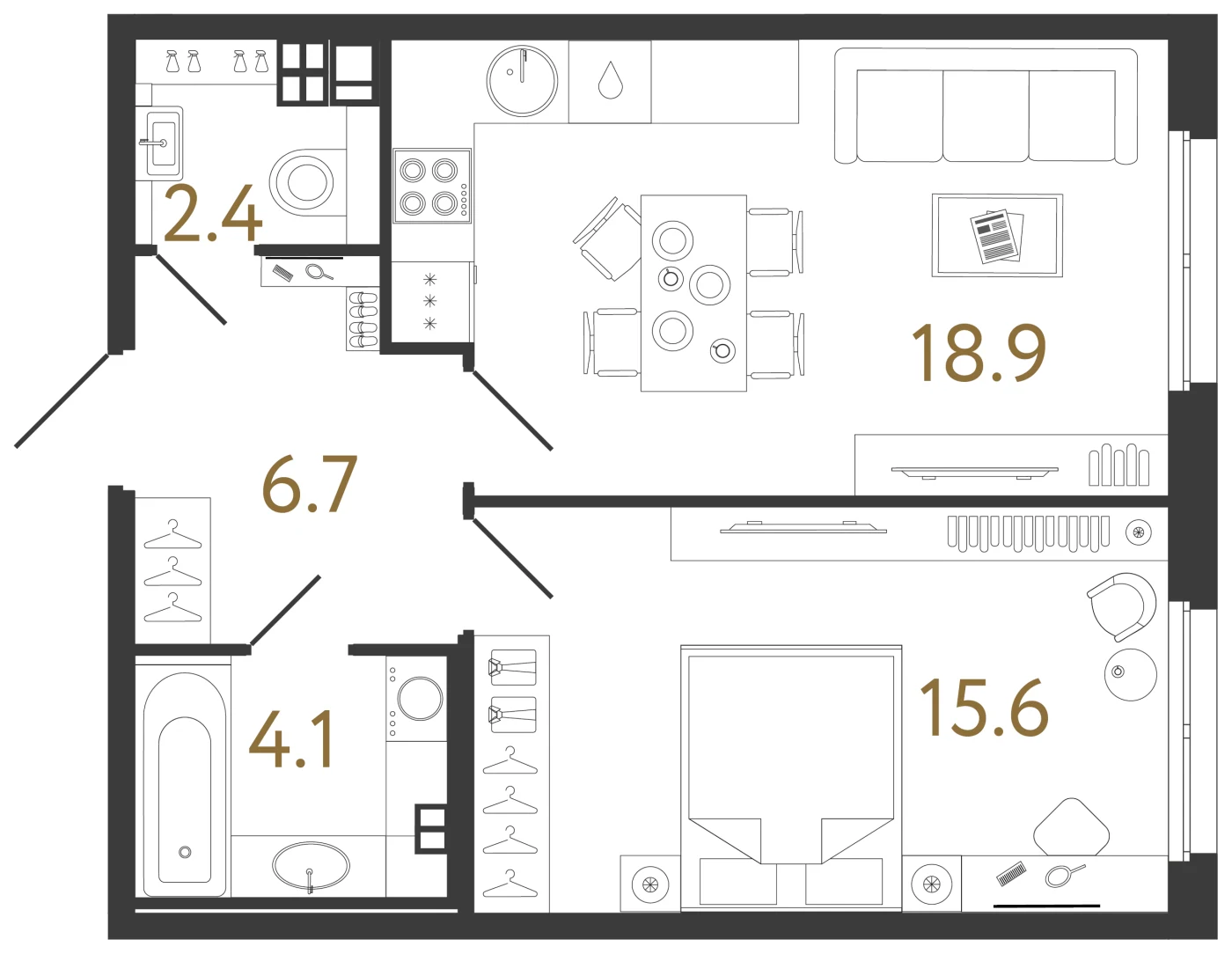 Планировка 1-комнатная 47,7 м² в клубном доме «Визионер» — Клубный дом «Визионер»