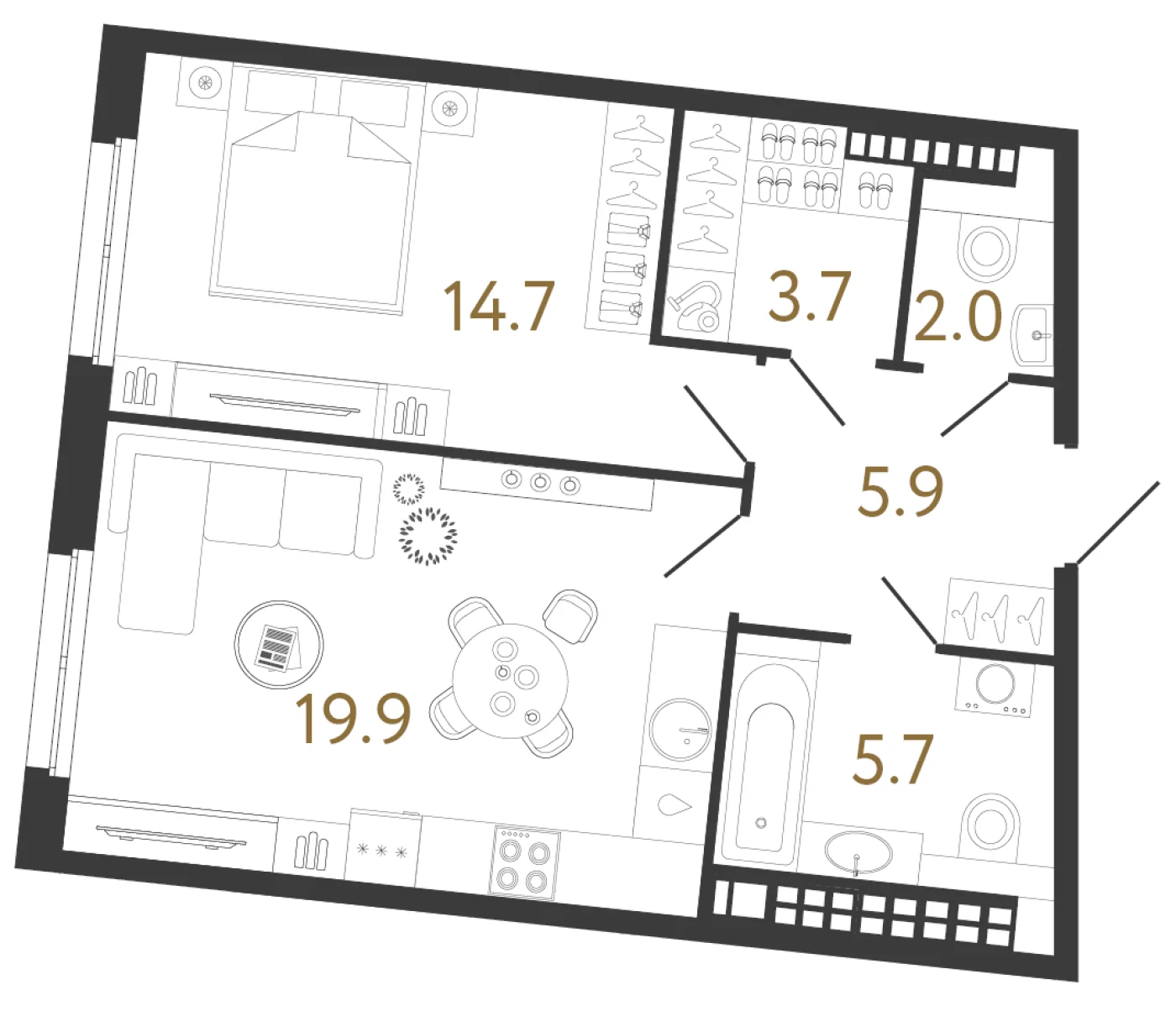 Планировка 1-комнатная 51,9 м² в клубном доме «Визионер» — Клубный дом «Визионер»