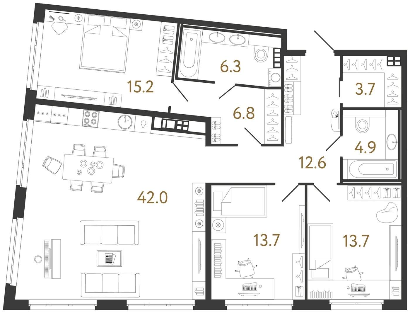 Планировка 3-комнатная 118,9 м² в клубном доме «Визионер» — Клубный дом «Визионер»