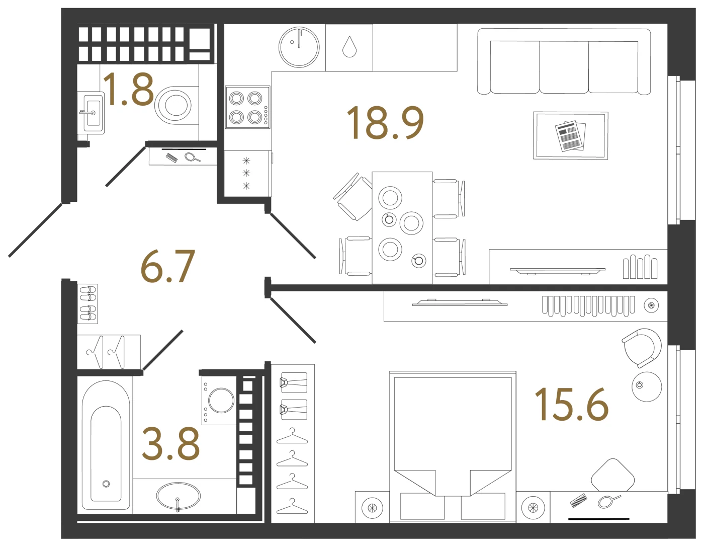 Планировка 1-комнатная 46,8 м² в клубном доме «Визионер» — Клубный дом «Визионер»