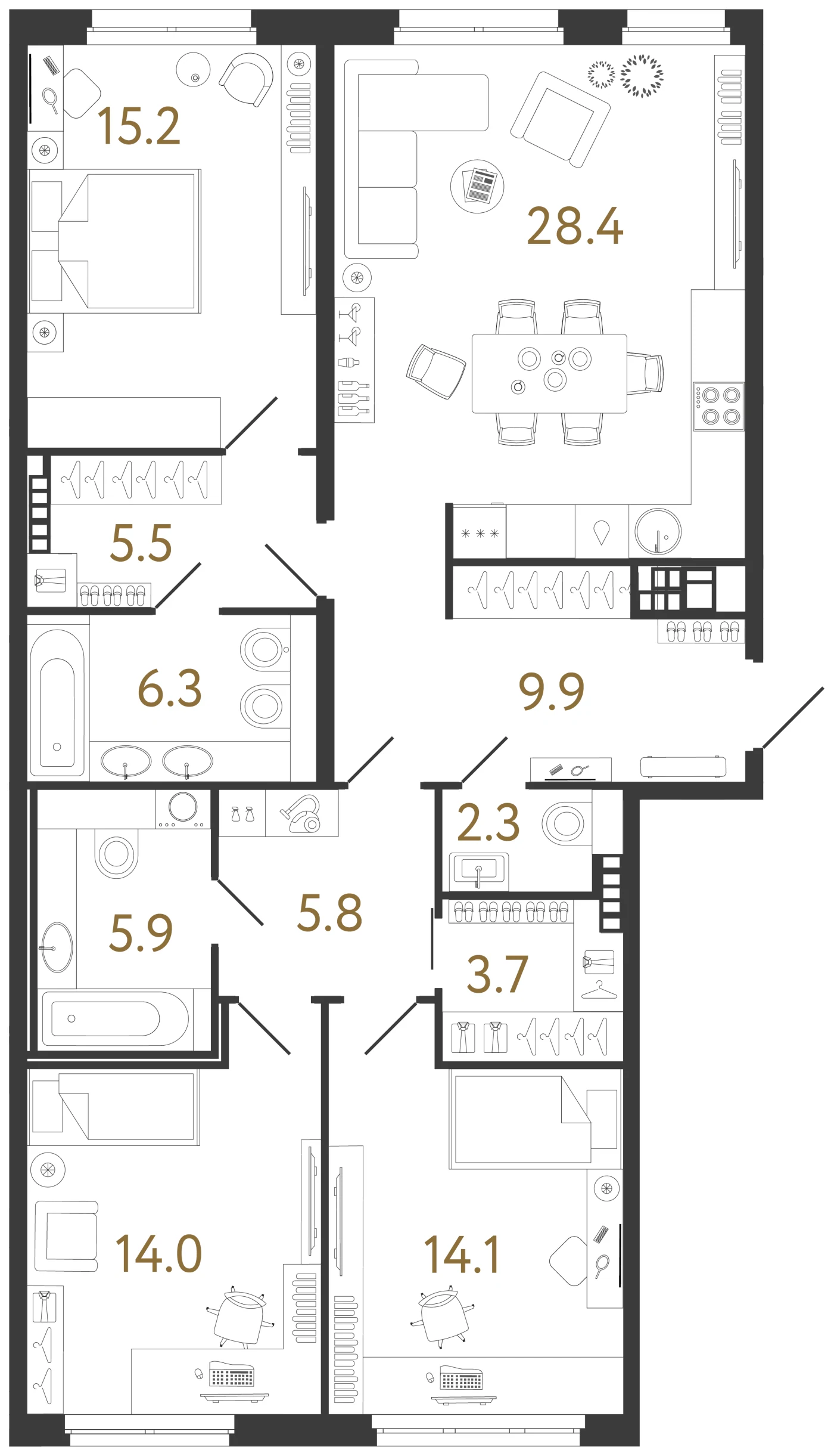 Планировка 3-комнатная 111,1 м² в клубном доме «Визионер» — Клубный дом «Визионер»