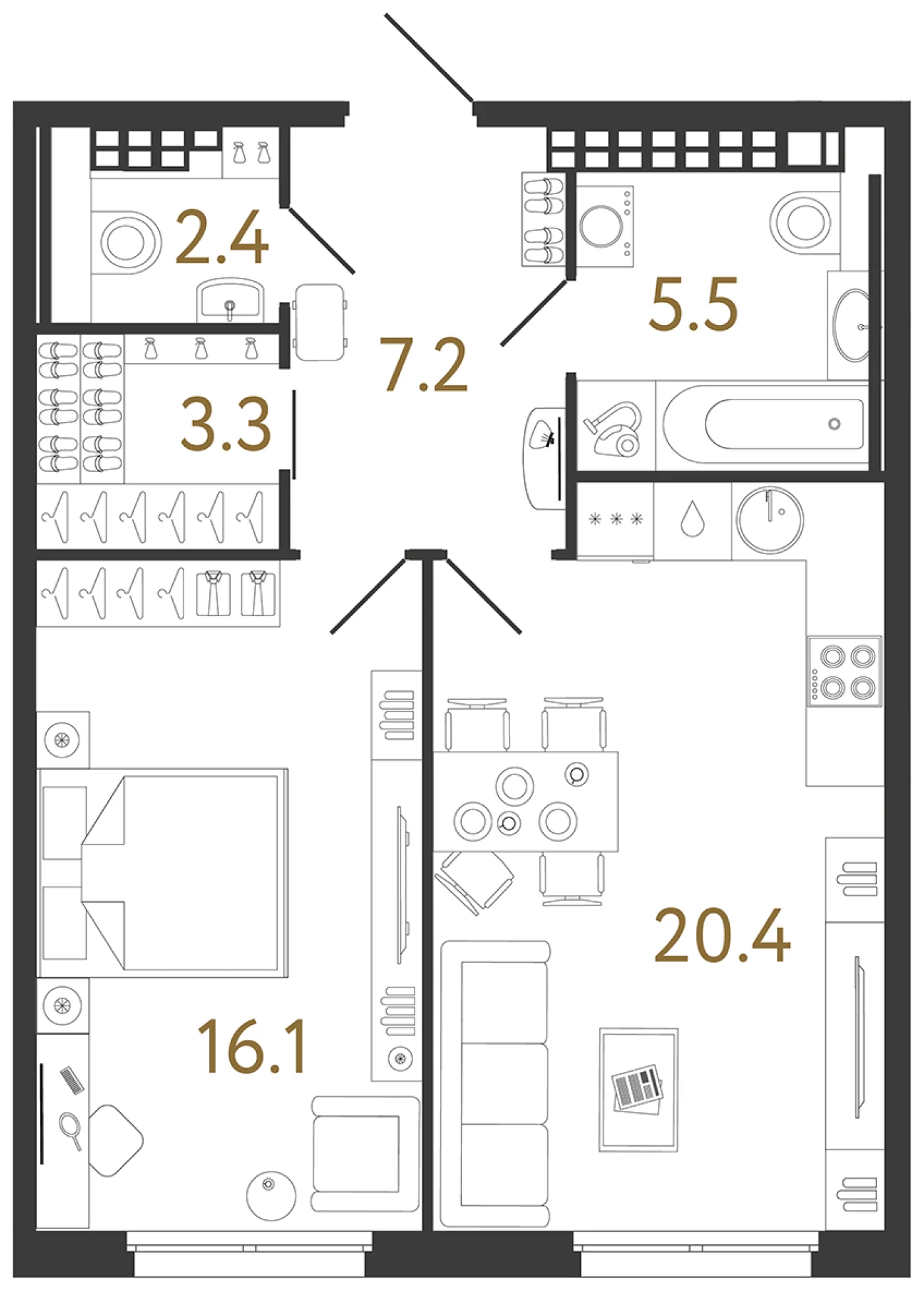 Планировка 1-комнатная 54,9 м² в клубном доме «Визионер» — Клубный дом «Визионер»