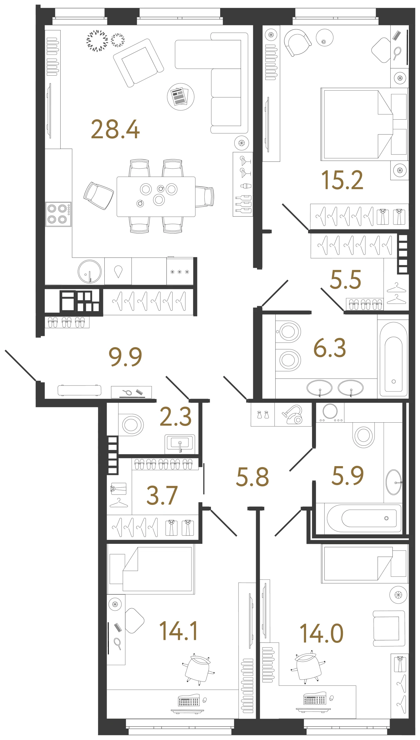 Планировка 3-комнатная 111,1 м² в клубном доме «Визионер» — Клубный дом «Визионер»
