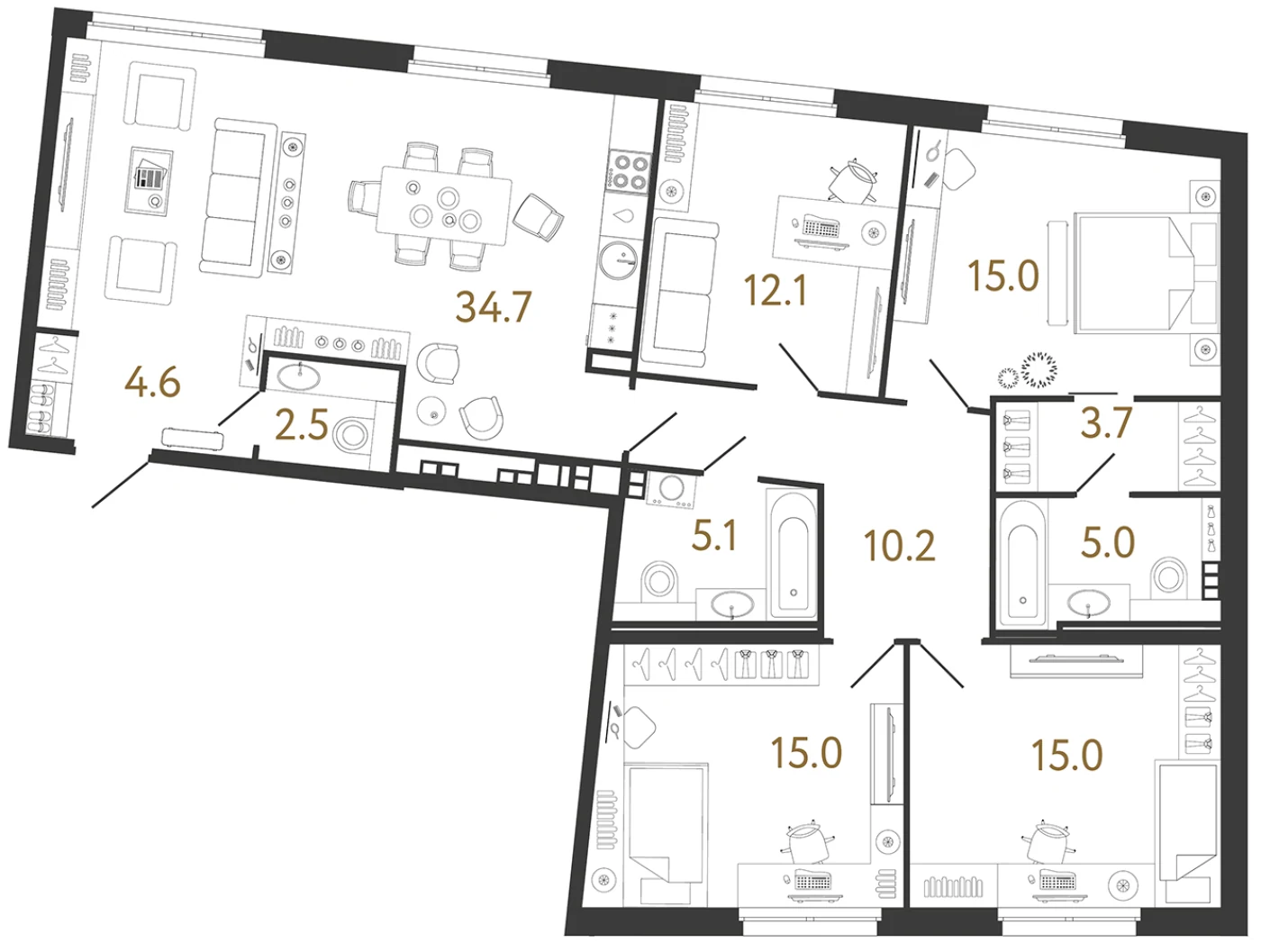 Планировка 4-комнатная 122,9 м² в клубном доме «Визионер» — Клубный дом «Визионер»