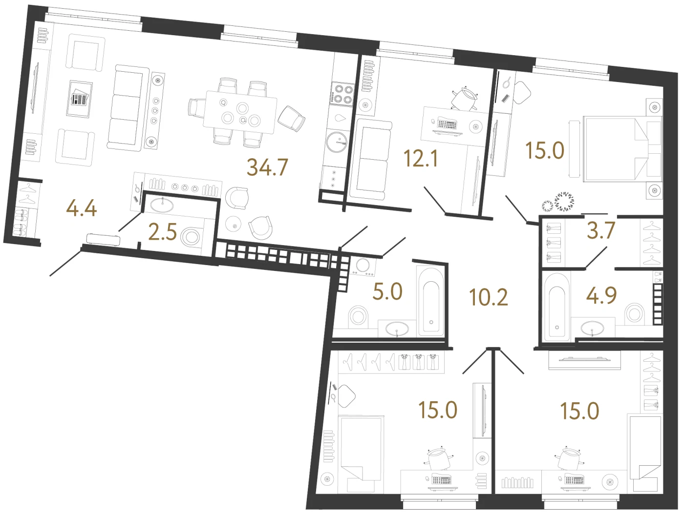 Планировка 4-комнатная 122,5 м² в клубном доме «Визионер» — Клубный дом «Визионер»