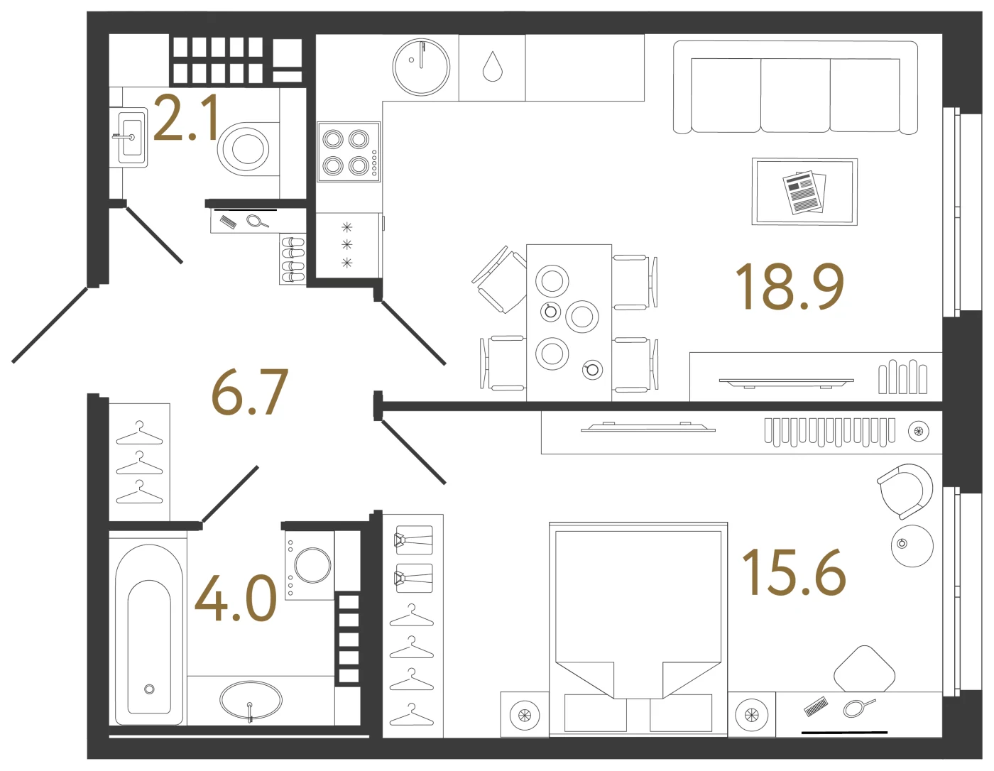Планировка 1-комнатная 47,3 м² в клубном доме «Визионер» — Клубный дом «Визионер»