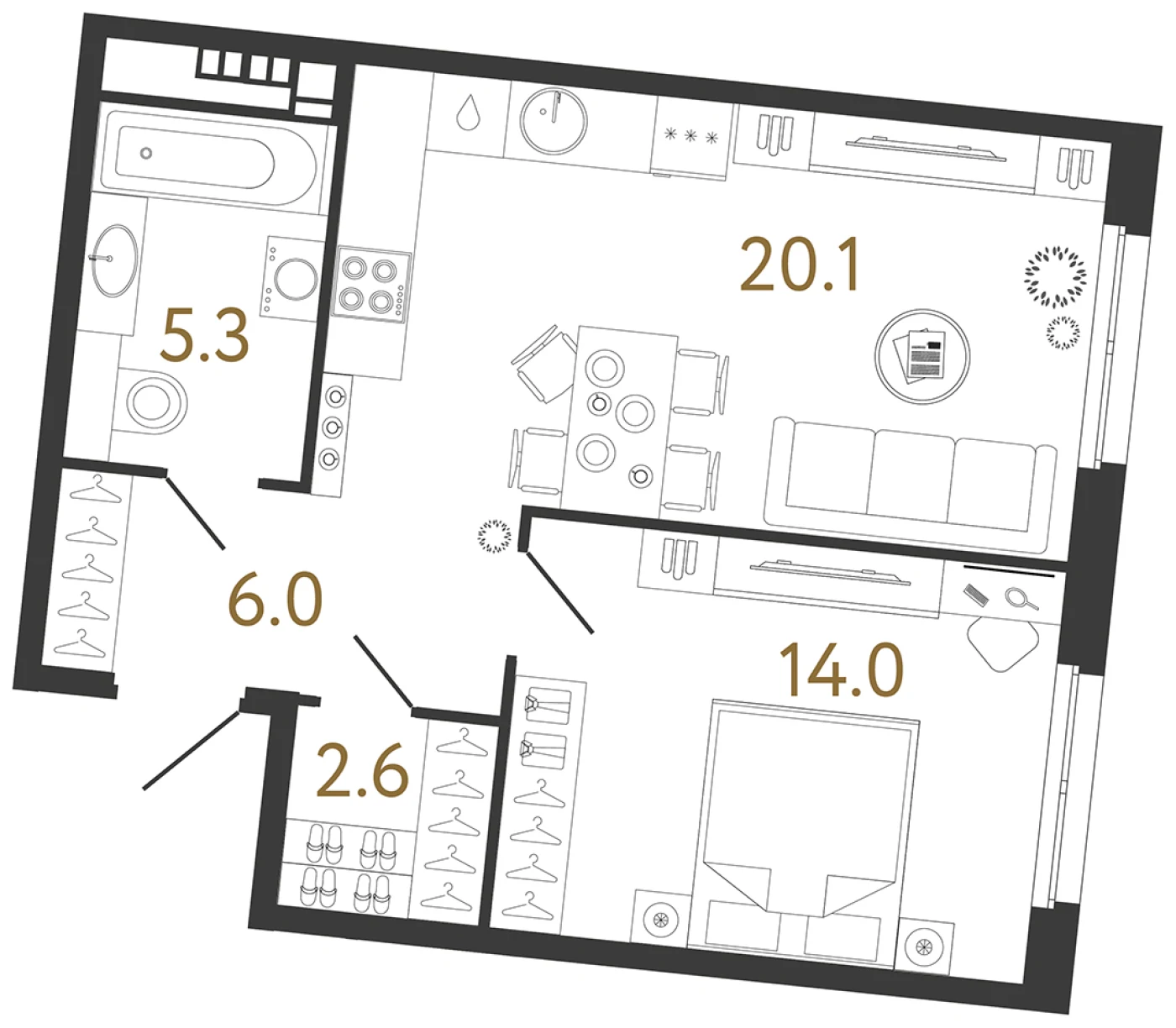Планировка 1-комнатная 48 м² в клубном доме «Визионер» — Клубный дом «Визионер»