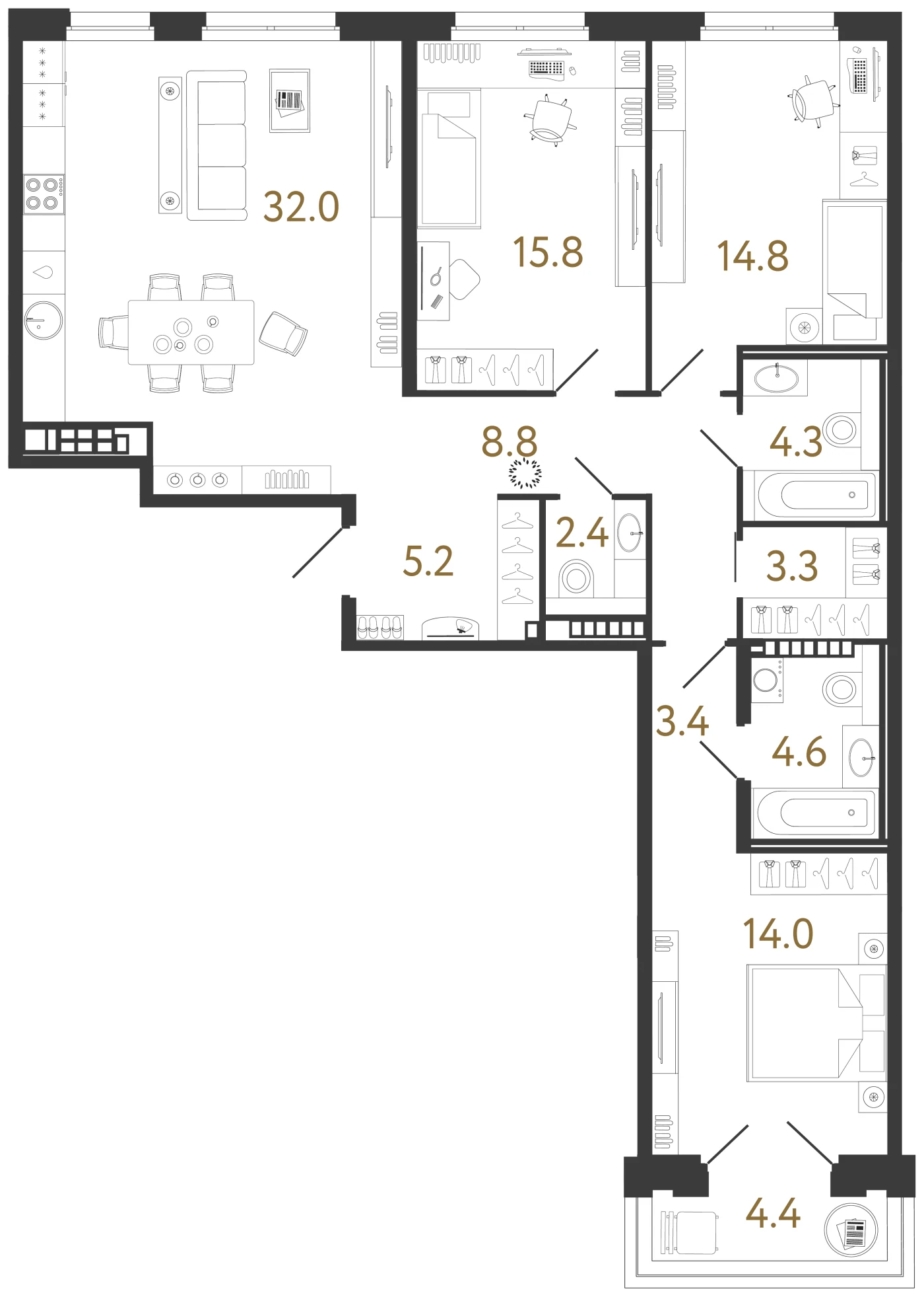 Планировка 3-комнатная 108,6 м² в клубном доме «Визионер» — Клубный дом «Визионер»