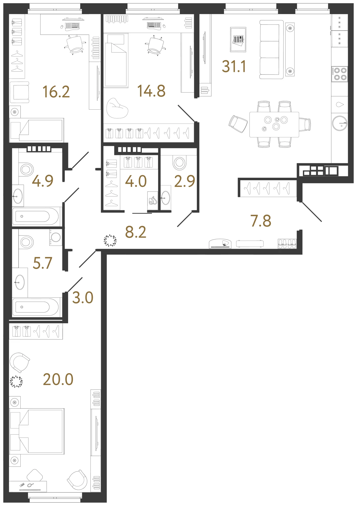 Планировка 3-комнатная 118,6 м² в клубном доме «Визионер» — Клубный дом «Визионер»