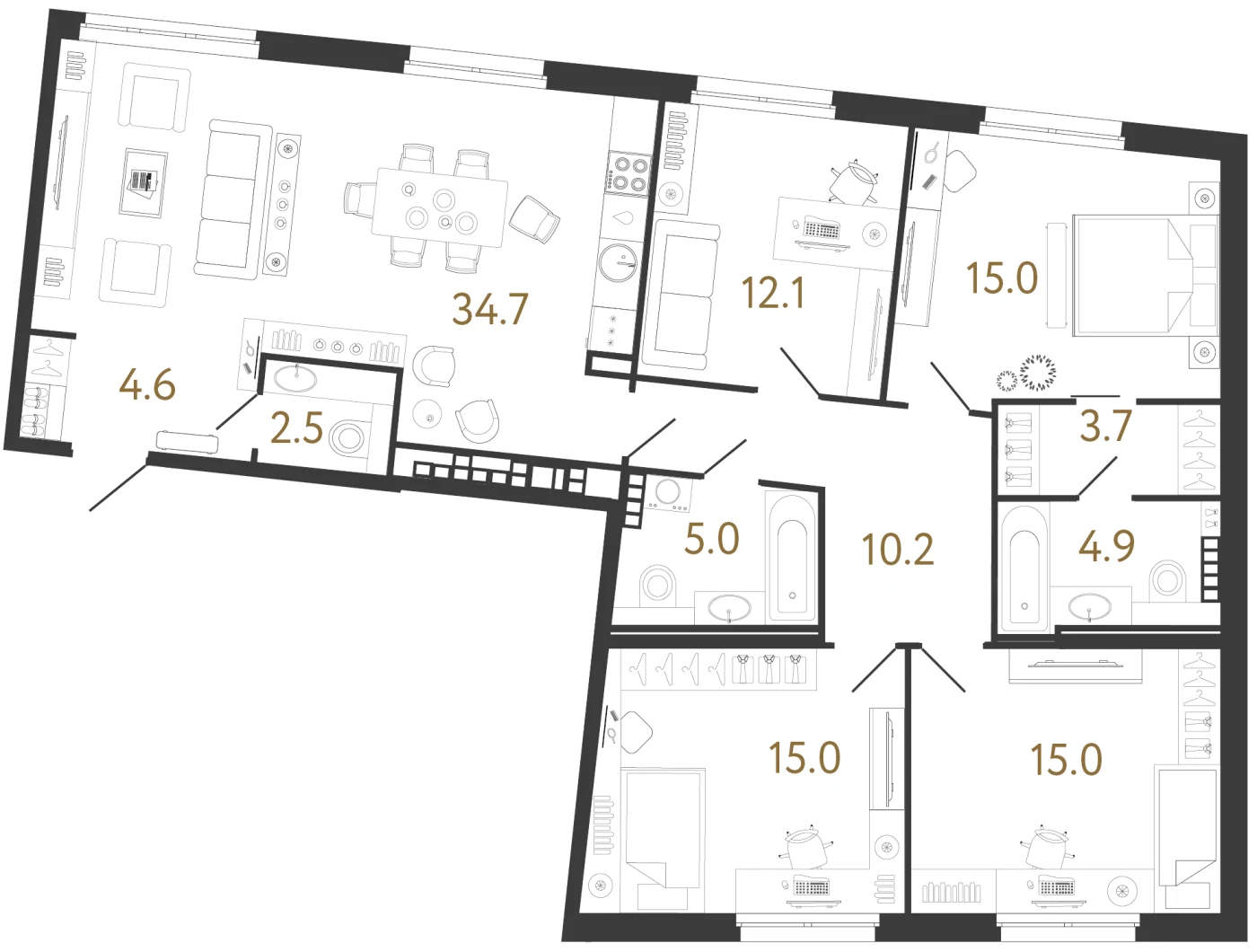 Планировка 4-комнатная 122,7 м² в клубном доме «Визионер» — Клубный дом «Визионер»
