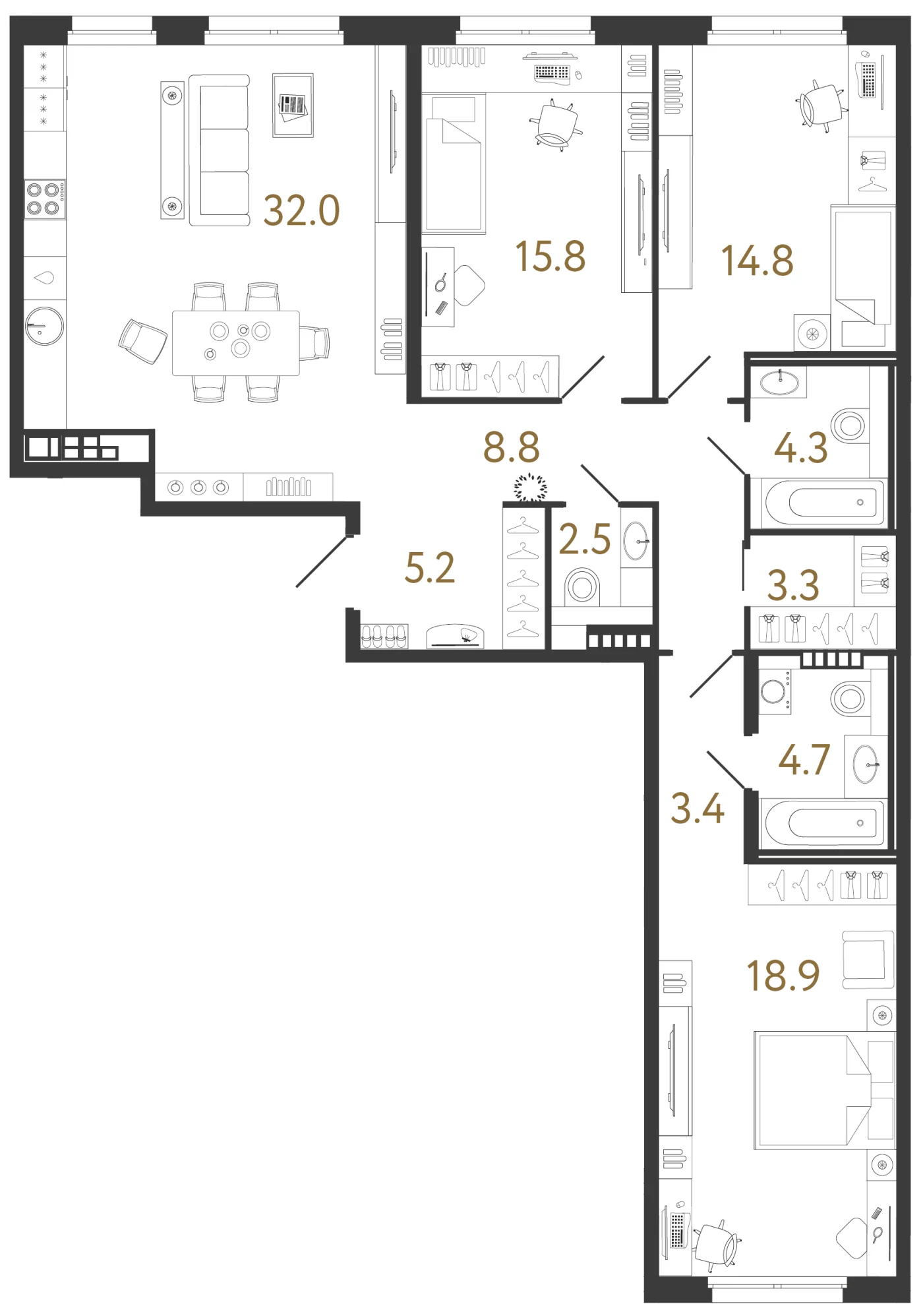 Планировка 3-комнатная 113,7 м² в клубном доме «Визионер» — Клубный дом «Визионер»
