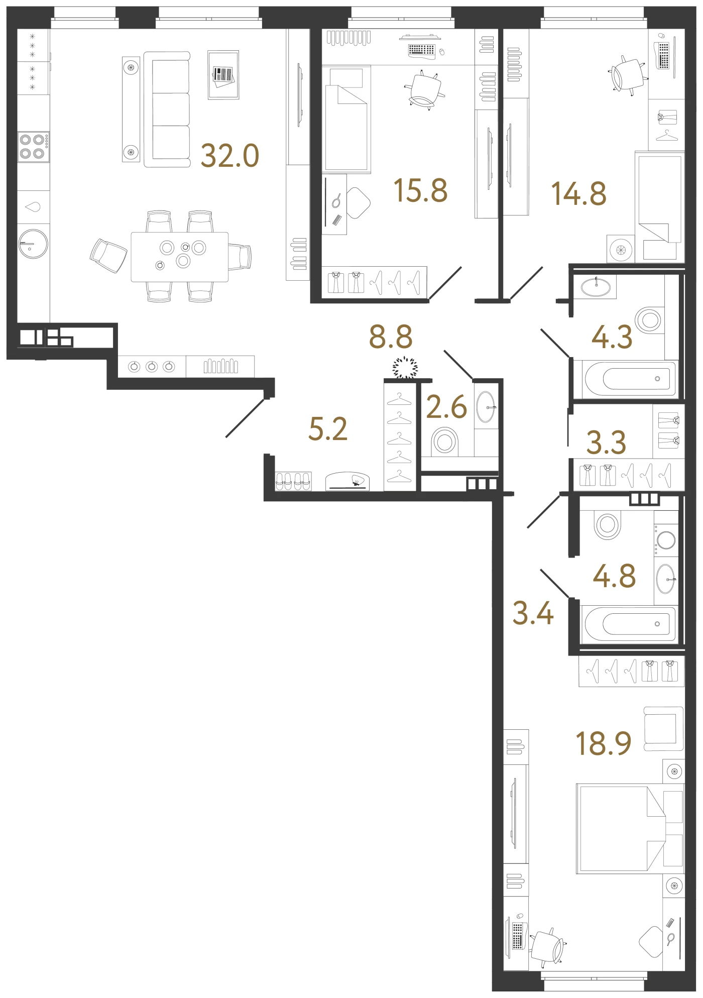 Планировка 3-комнатная 113,9 м² в клубном доме «Визионер» — Клубный дом «Визионер»